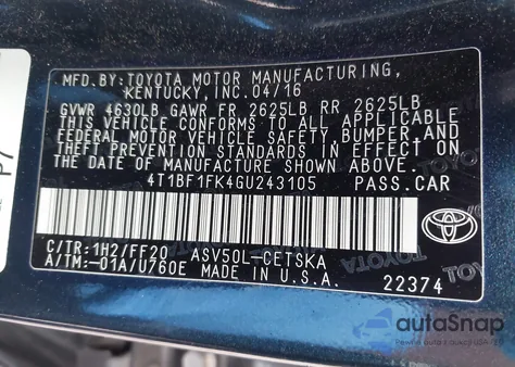 2016 Toyota Camry Se z USA, uszkodzony, nr VIN 4T1BF1FK4GU243105